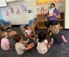 (L to R) Toddler Bumblebees Come Grenier, 2 from Morristown, Benton Miller and James Vinciguerra, both 2 from Madison, Madeline and Alison Morales, 1 from Morristown, and Keavy Owens, 2 from Chatham enjoy indoor story time with veteran teacher, Cindy Fuen
