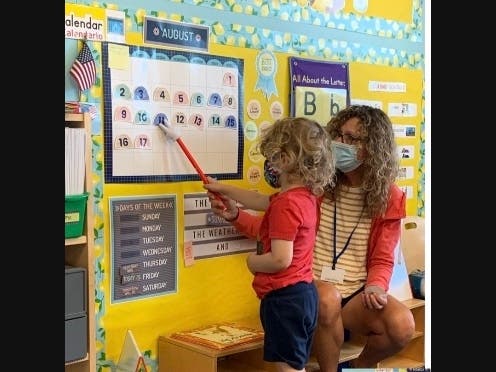 Preschool Dragonflies classroom Assistant Teacher Marsha Stevens helps prepare students like Grafton Marchionne 3, from Summit, for the enriching school year ahead at the F.M. Kirby Children’s Center of the Madison Area YMCA. 