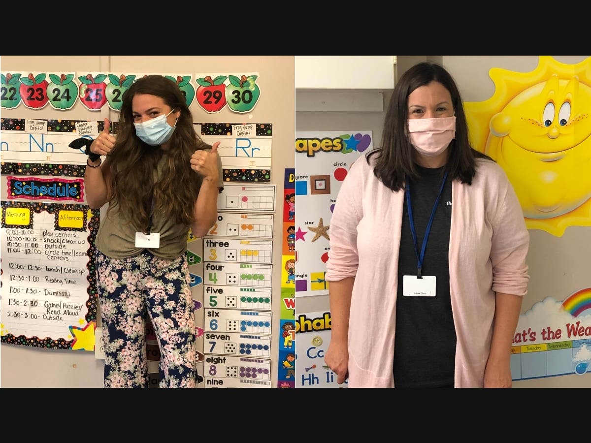 Preschool Lead Teachers, AnnaMaria Paternostro (left) and Laura Gloss (right) prepare to welcome new students to the F.M. Kirby Children’s Center. 