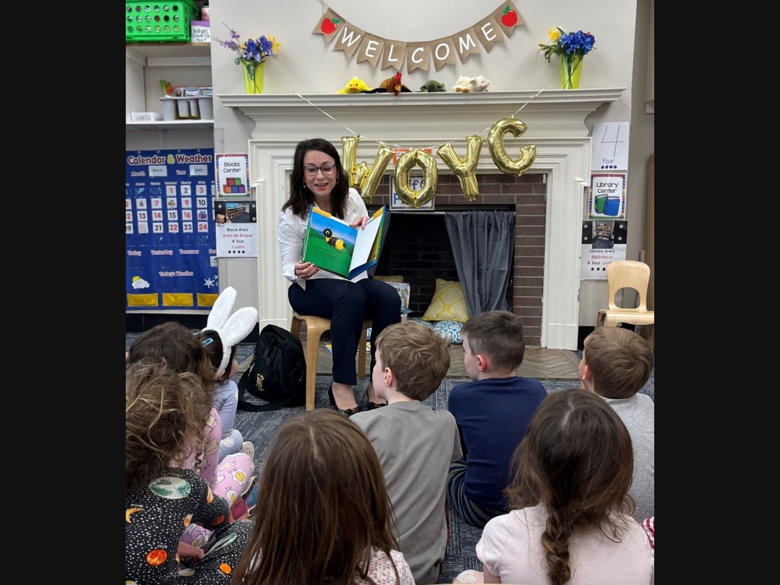 Assemblywoman Aura Dunn reading Buzzy the Bumblebee by Denise Brennan-Nelson to F.M. Kirby Children’s Center students during Week of the Young Child.