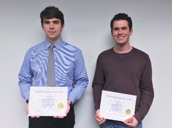 Colton Benjamin, from left, and Reese Gosain won Tradition of Excellence awards for perfect test scores.