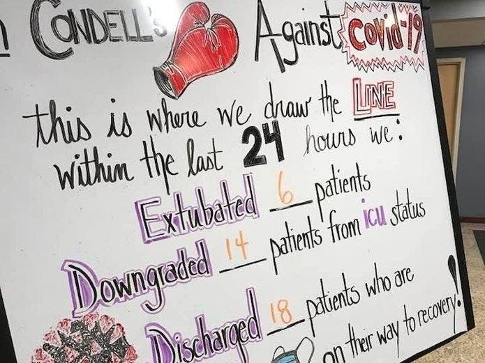 An April 2020 photo of a whiteboard updated daily at Condell Medical Center, which shared some of the positive news regarding coronavirus patients, including those who've been extubated, released from ICU and discharged.