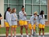 Members of the La Salle University's Women's Basketball team talk to students about leadership before the hands-on stations.