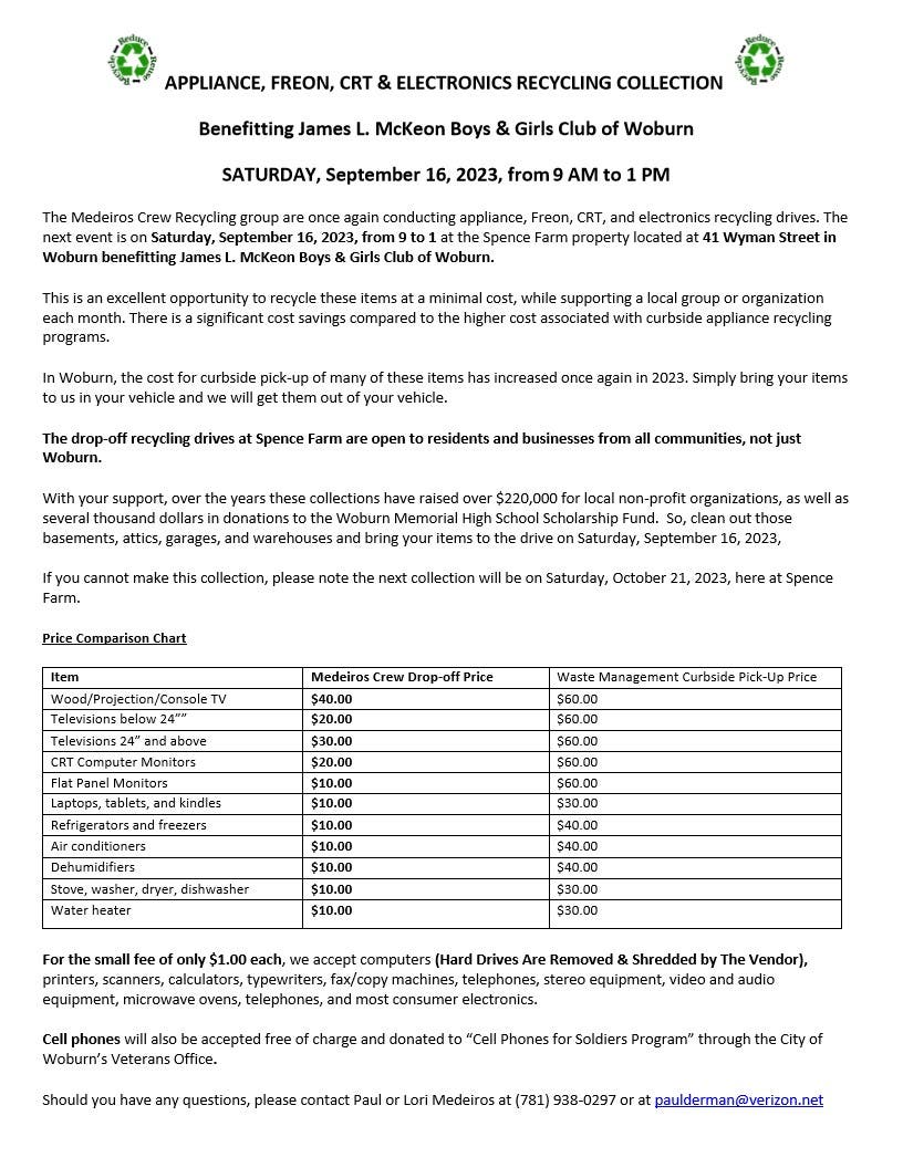Sep 16 | APPLIANCE, FREON, CRT & ELECTRONICS RECYCLING COLLECTION for Boys  & Girls Club of Woburn | Woburn, MA Patch