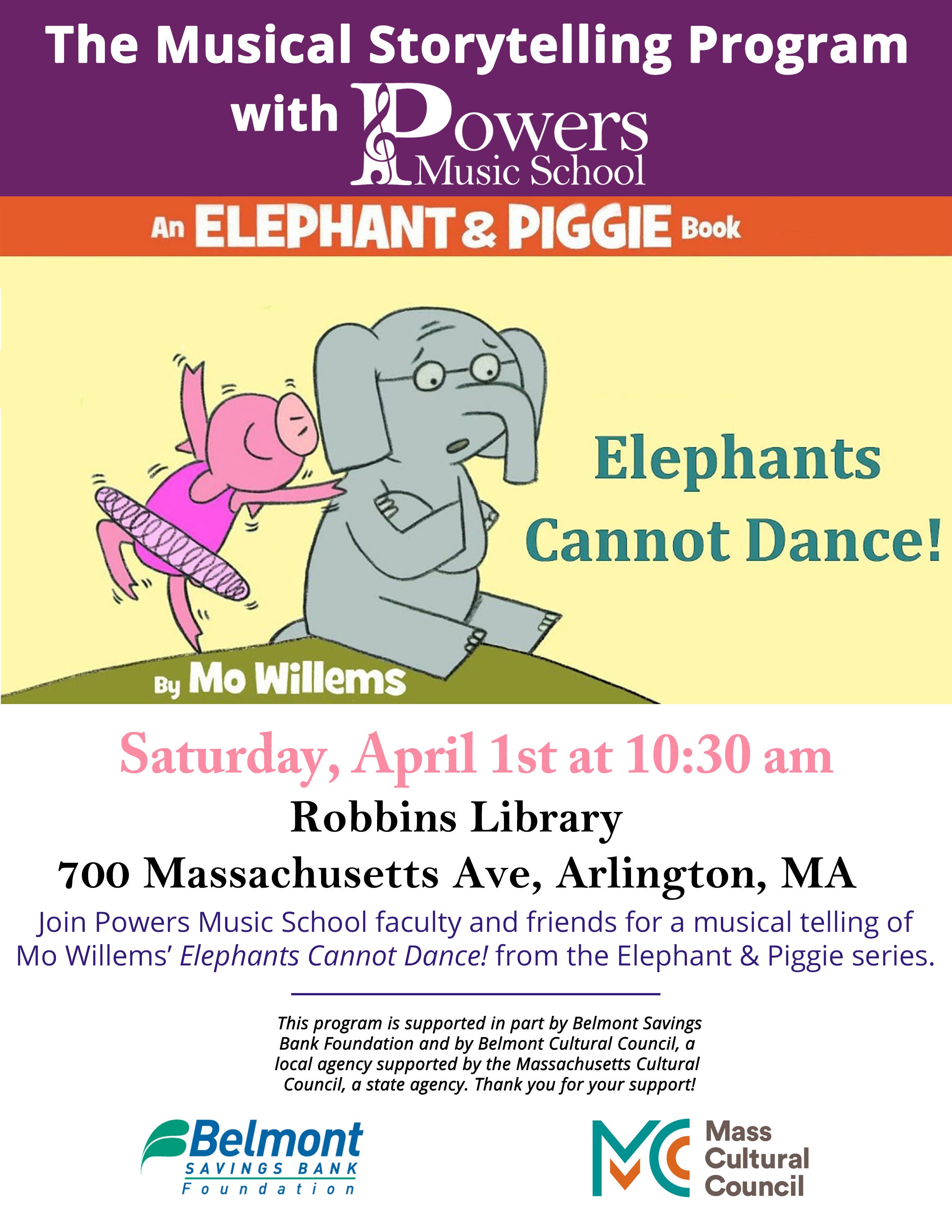 Apr 1 Musical Storytelling Program at Arlington Robbins Library