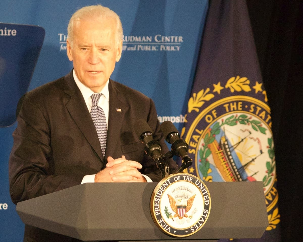 Then-VP Joe Biden, in this Patch file photo, after receiving the Rudman Distinguished Public Service in Concord in 2015.