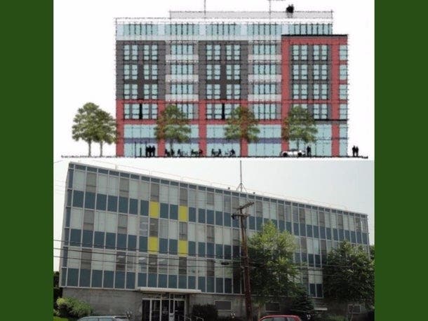 A schematic from 2017 of a proposed apartment building at the former NH ES Building on South Main Street. 