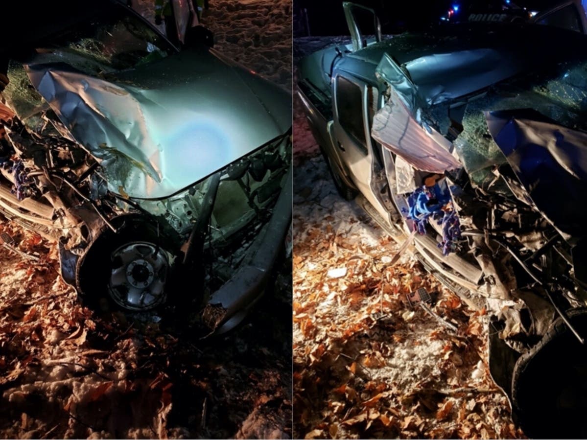 A Toyota Tacoma pickup truck drifted off the highway in New Hampton on Dec. 8 and crashed into a tree on Interstate 93.