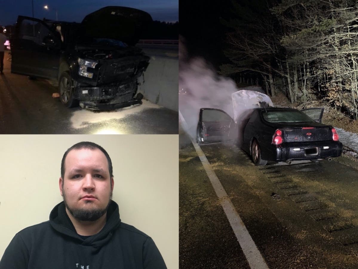 Above, Daniel St. Clair was arrested after a crash on the Spaulding Turnpike; Jeffrey Saucier, lower left, was arrested on a felony charge; and car fire on I-93 in Canterbury.