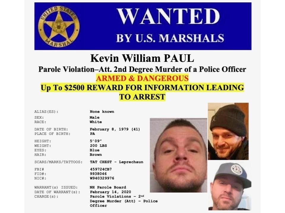 The wanted poster for Kevin William Paul, an armed and dangerous New Hampshire fugitive.