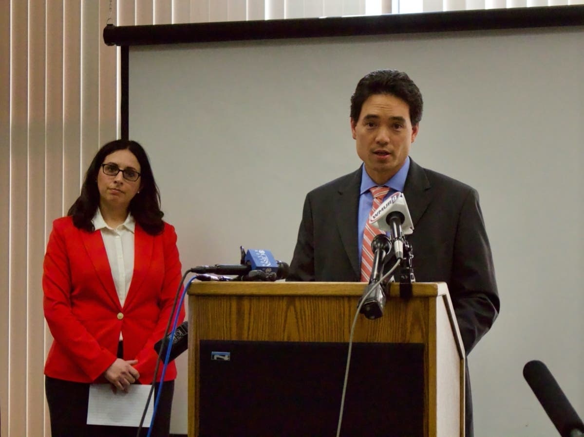 State Epidemiologist Dr. Benjamin Chan speaks at a press conference on March 8 about the latest COVID-19 information along with Lori Shibinette, the commissioner of the New Hampshire Department of Health and Human Services.