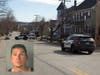 Police closed Franklin Street to traffic due on March 28 to investigate an assault incident. Police are searching for Nicholas Trebian, who may be armed and dangerous. Inset: Merrimack Police Department booking photo of the suspect.