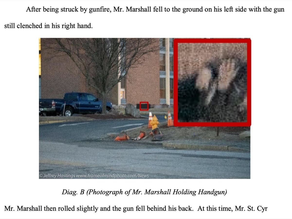 A photo of the death of Stephen Marshall on March 27, 2019, originally taken by Jeffrey Hastings and featured in the Hampshire Attorney General's report on the Quality Inn Hotel standoff incident. 