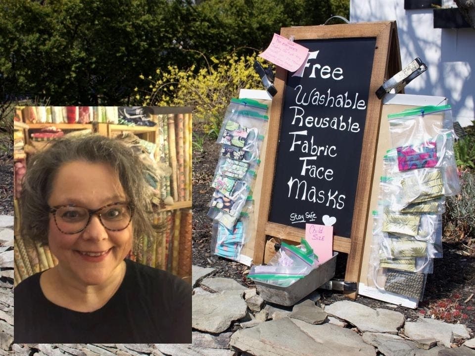 The display outside of Regina Hawley's Alison Street home featuring cloth coverings available, to anyone, for free. Inset: Regina and some of her cloth patterns.