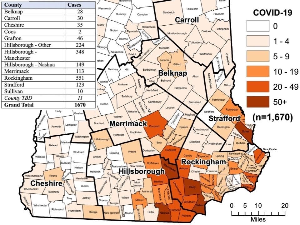 The latest map, released by state health officials, shows 16 communities in the state of New Hampshire with 20 or more new coronavirus cases.