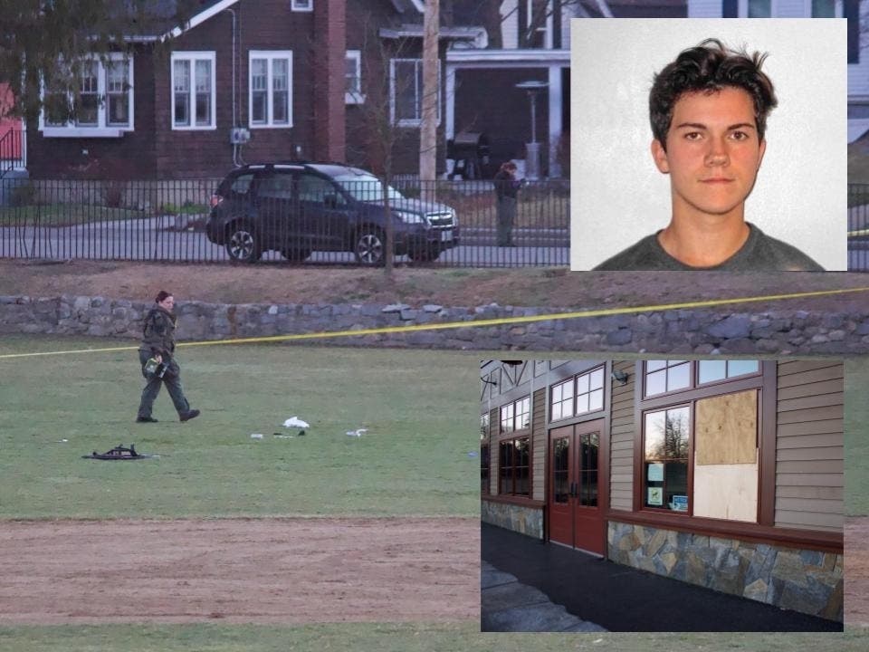 The scene at White Park on April 5 while the New Hampshire State Police Major Crime Unit eyed an officer-involved shooting hours before. Inset: Dylan J. Stahley. 