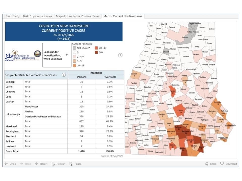 The latest current infection map in New Hampshire June 5. 