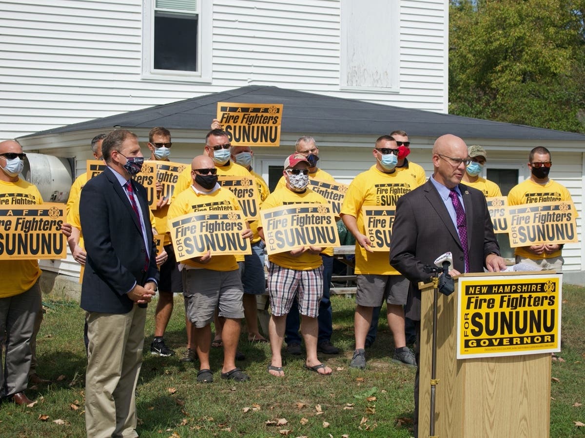 Bill McQuillen, the president of the Professional Fire Fighters of NH, IAFF, announces the org's endorsement of Gov. Chris Sununu. 