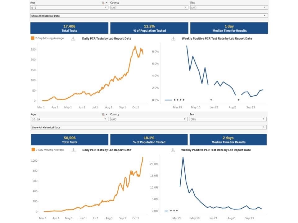 Testing charts for 0 to 9 and 10 to 19 age groups showing their daily PCR tests as well as positive results.