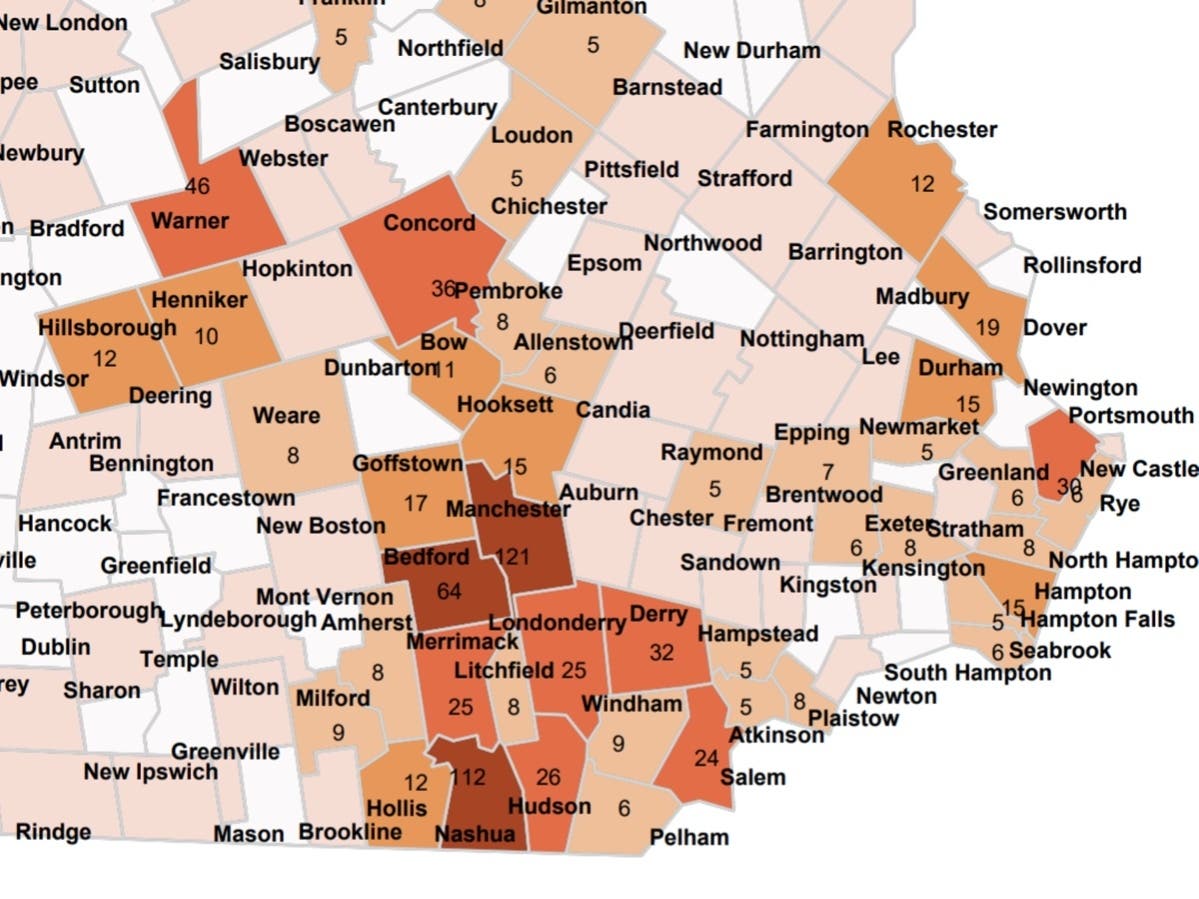 The current active case map in New Hampshire as published on Oct. 19.