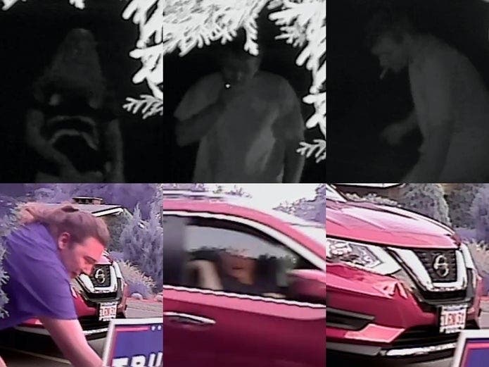 Security photos in Windham show suspects damaging and stealing Donald Trump for President signs at the home of former state Rep. David Bates. Two people have been charged.