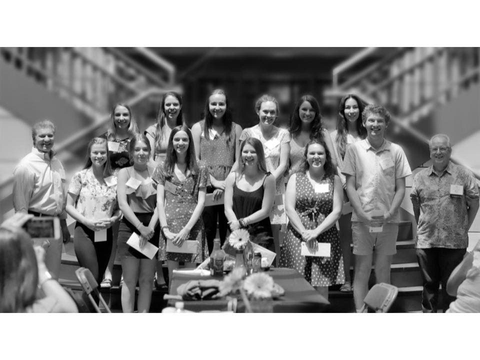 Nursing, healthcare students received scholarships in June. Charles Fanaras, chairman of the Concord Hospital Trust Board, left, and Kenneth Deloge, MD, chairman, Concord Hospital Trust Scholarship Sub-Committee, right, are pictured with the students.