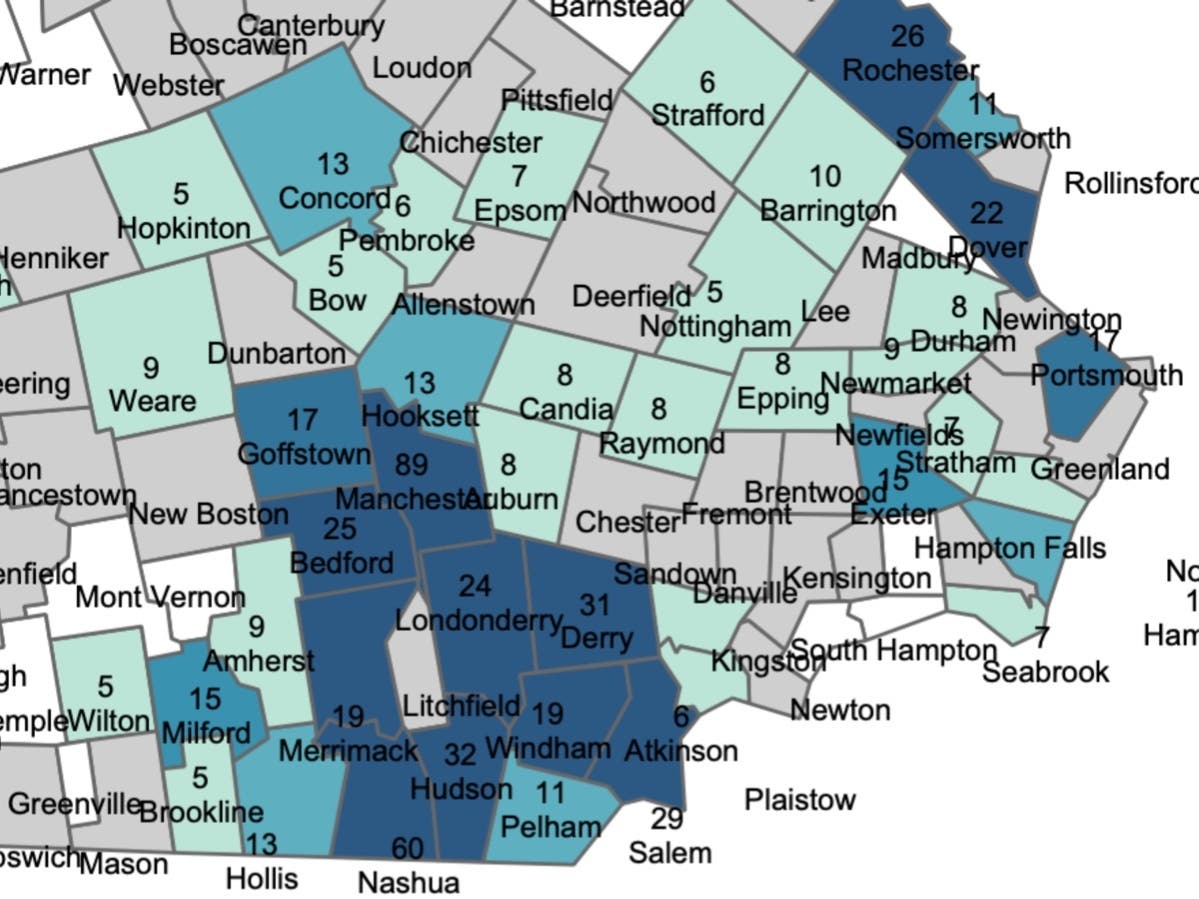 The current active case count in New Hampshire by community. 