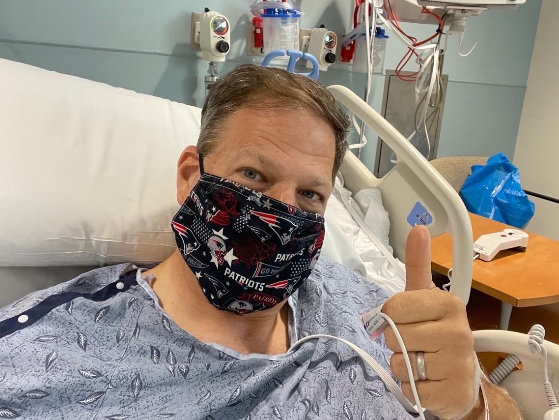 New Hampshire’s governor, Chris Sununu, gives a thumbs up after a blood transfusion on Sept. 3 at Portsmouth Regional Hospital. 