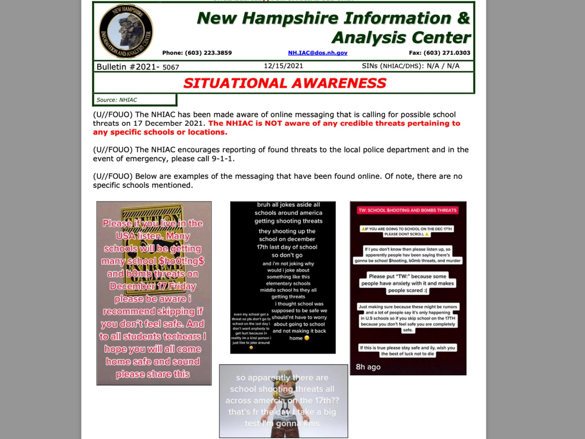 The Concord School District was put on notice about possible school threats for Dec. 17, based on vague social media postings and online messaging.