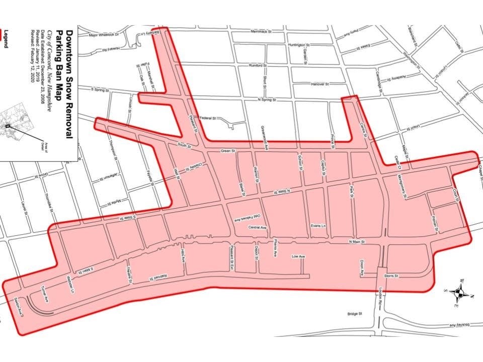 The city's downtown Concord snow removal parking map. There will be no parking from 11:59 p.m. on Feb. 8 to 7 a.m. on Feb. 9, on the streets highlighted in the map.