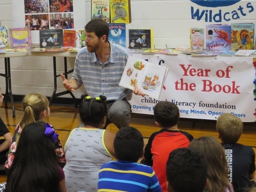Duncan McDougall, the CLiF executive director, visited with Dr. Crisp students in 2017 at the kickoff event for Year of the Book programming.