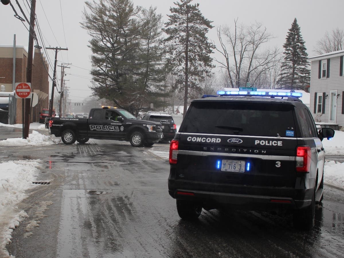 The scene outside of Concord High School on March 2 after police were sent to the school for a reported gunman accessing the building, which later was determined to be a hoax. 