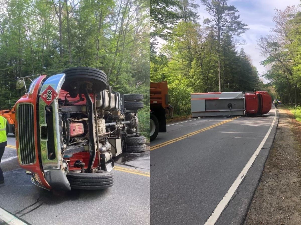 A fuel delivery truck rolled on Route 132 in New Hampshire on Thursday. The driver of another vehicle was accused of drunken driving.