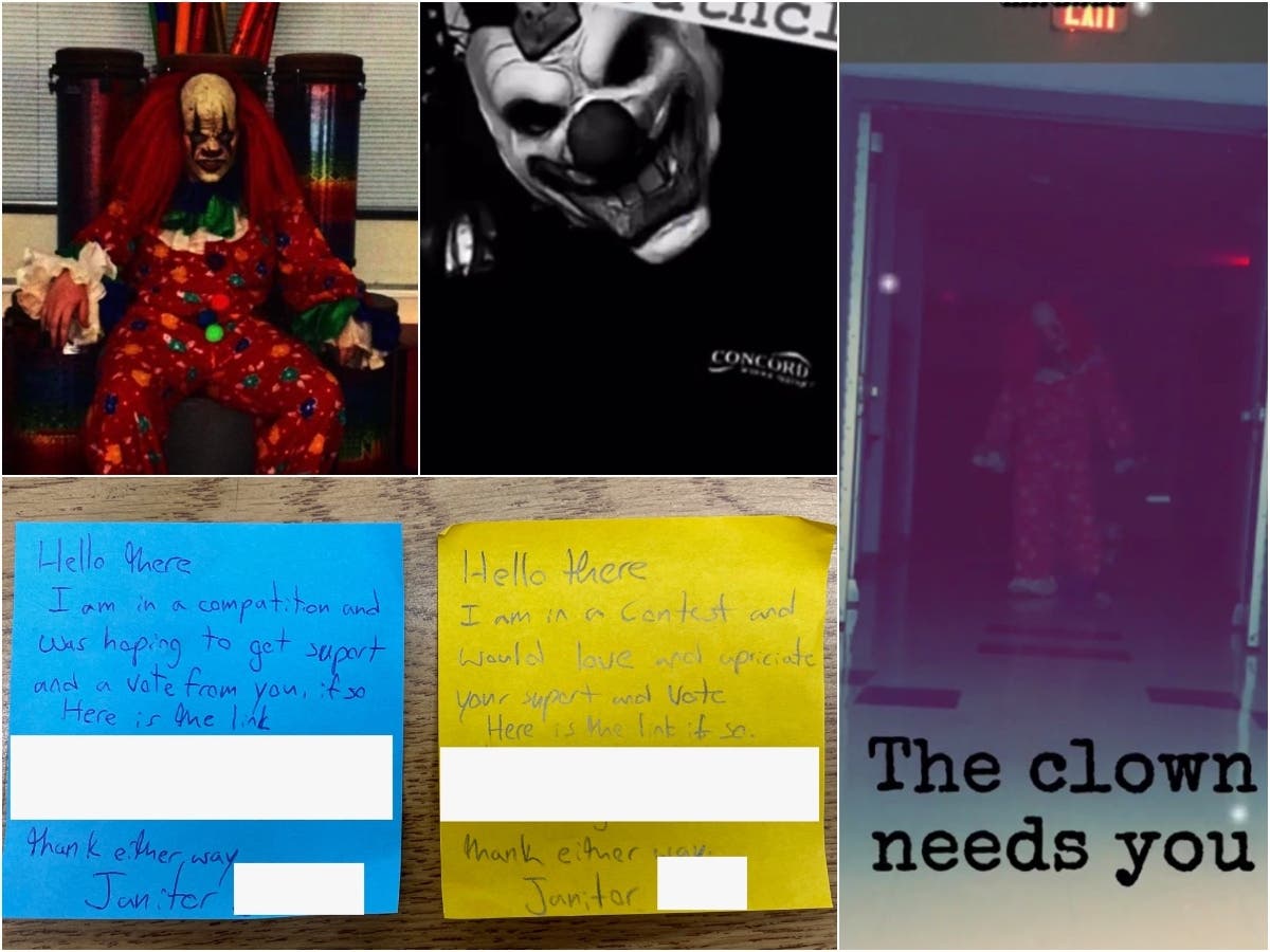 Photos submitted to Concord NH Patch concerning an elementary school custodian, dressing up as a horror clown, on school property and while also wearing school apparel earlier this year as part of a contest.