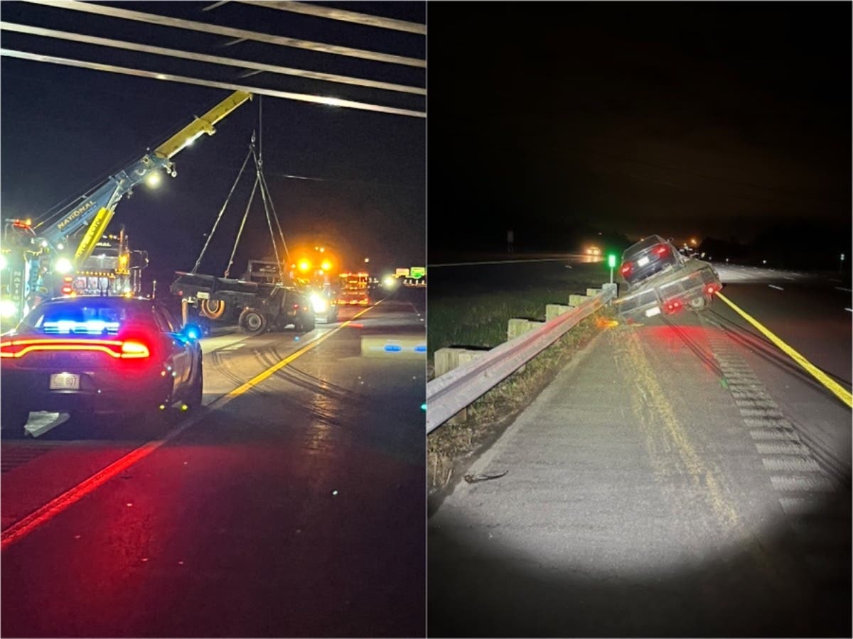 A truck hauling a car trailer crashed in North Hampton on May 4. 