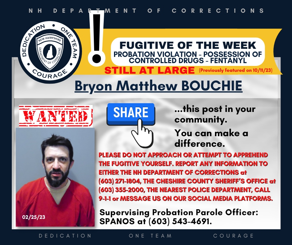 Bryon Matthew Bouchie is still at large and parole and probation officials would like help finding him. 