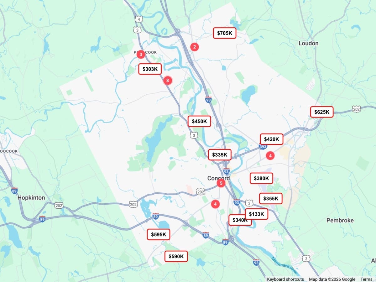 A map showing where most of the December 2025 home sales were in Concord and Penacook.