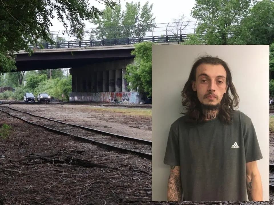 The scene outside a shooting at a Concord homeless camp on June 7, 2025, as well as Trenton McDonald, the now-convicted shooter, on the day of his arrest on June 14, 2025.