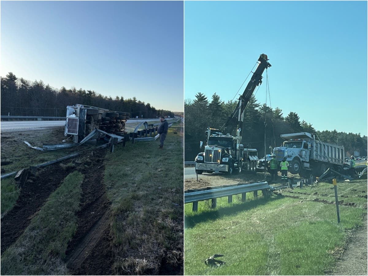 A dump truck rolled over on Route 101 in Stratham on April 20, sending its driver to the hospital.