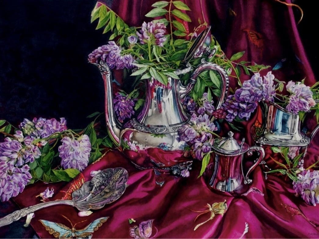 Kimberly Meuse, one of the exhibitors in the "Summer Time Vibes-Burst Into Color" free exhibition in the Portsmouth Room in City Hall, May 18 to Aug. 26.