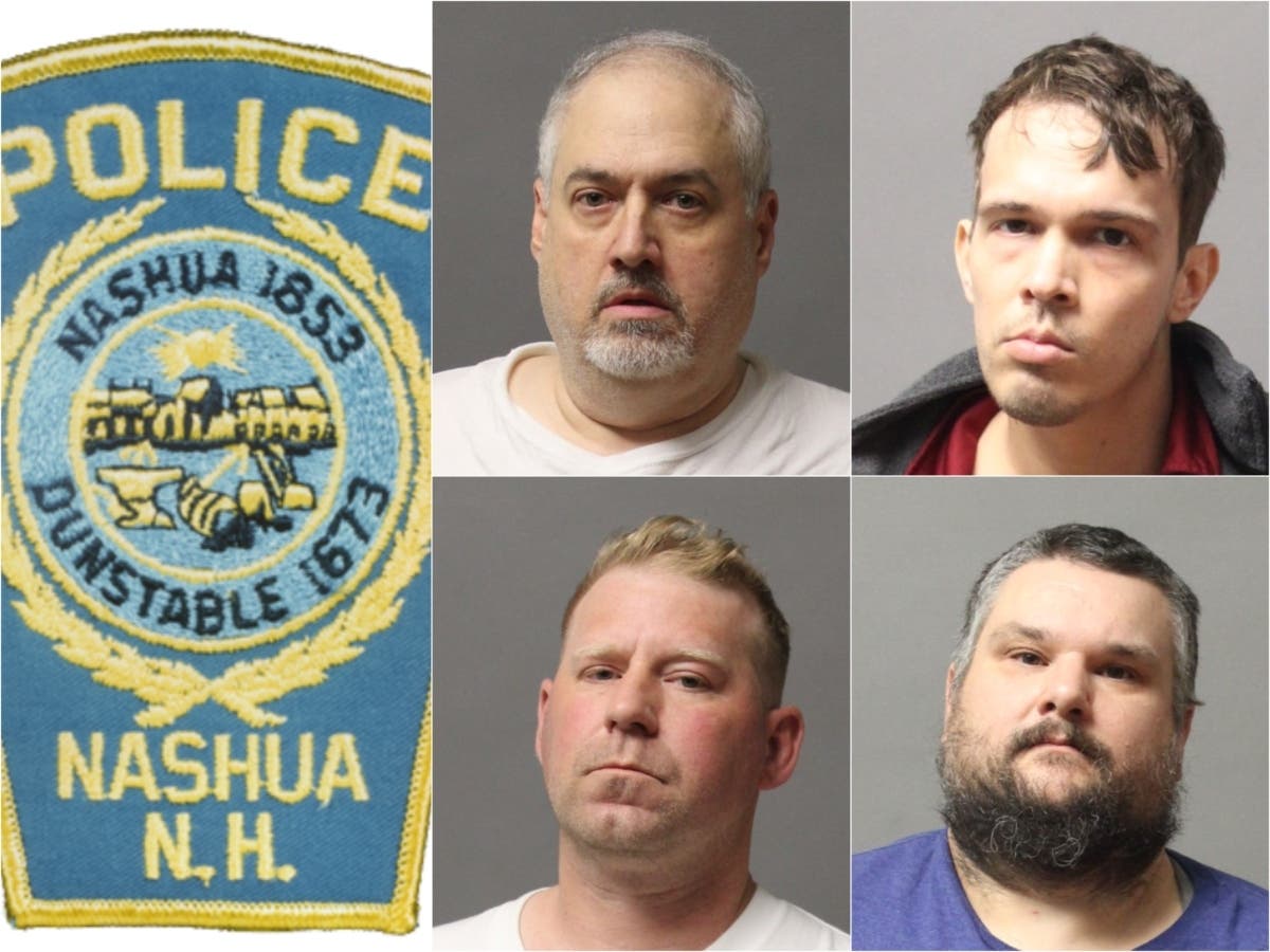 Frank McNally, upper left, James Cotreau, upper right, Andrew Douglas, lower left, and Kevin Petropoulos, lower right, were arrested by Nashua police on May 26.