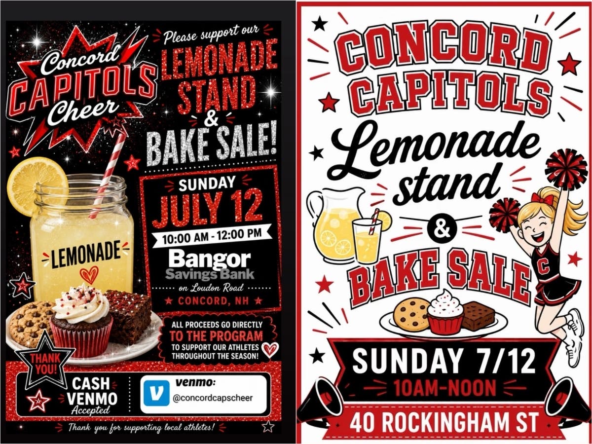 Two lemonade stands and bake sales will be held on July 12 in Concord.