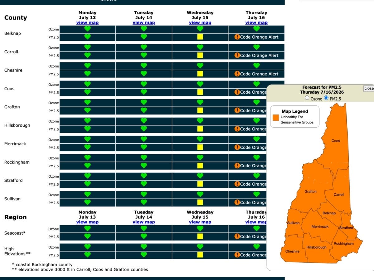 The New Hampshire Department of Environmental Services is warning of air quality issues on July 16.