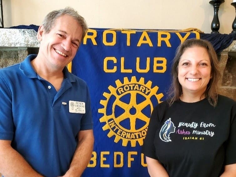 Bedford NH Rotary Club President Peter Goedecke introduces this week’s speaker, Jasmine Grace, Beauty from Ashes Ministry.