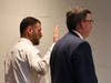 Sumner Doten, left, is sworn in by Judge Dan St. Hilaire in Merrimack County Superior Court on Aug. 10. Defense attorney Brad Davis is standing to his right.