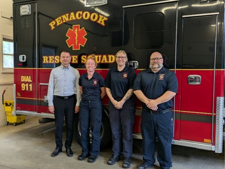 Brian Bozak, President and CEO, Franklin Savings Bank; Erica Notini, EMT; Madison Merchant, EMT; Shawn Brechtel, Chief of Department-Paramedic