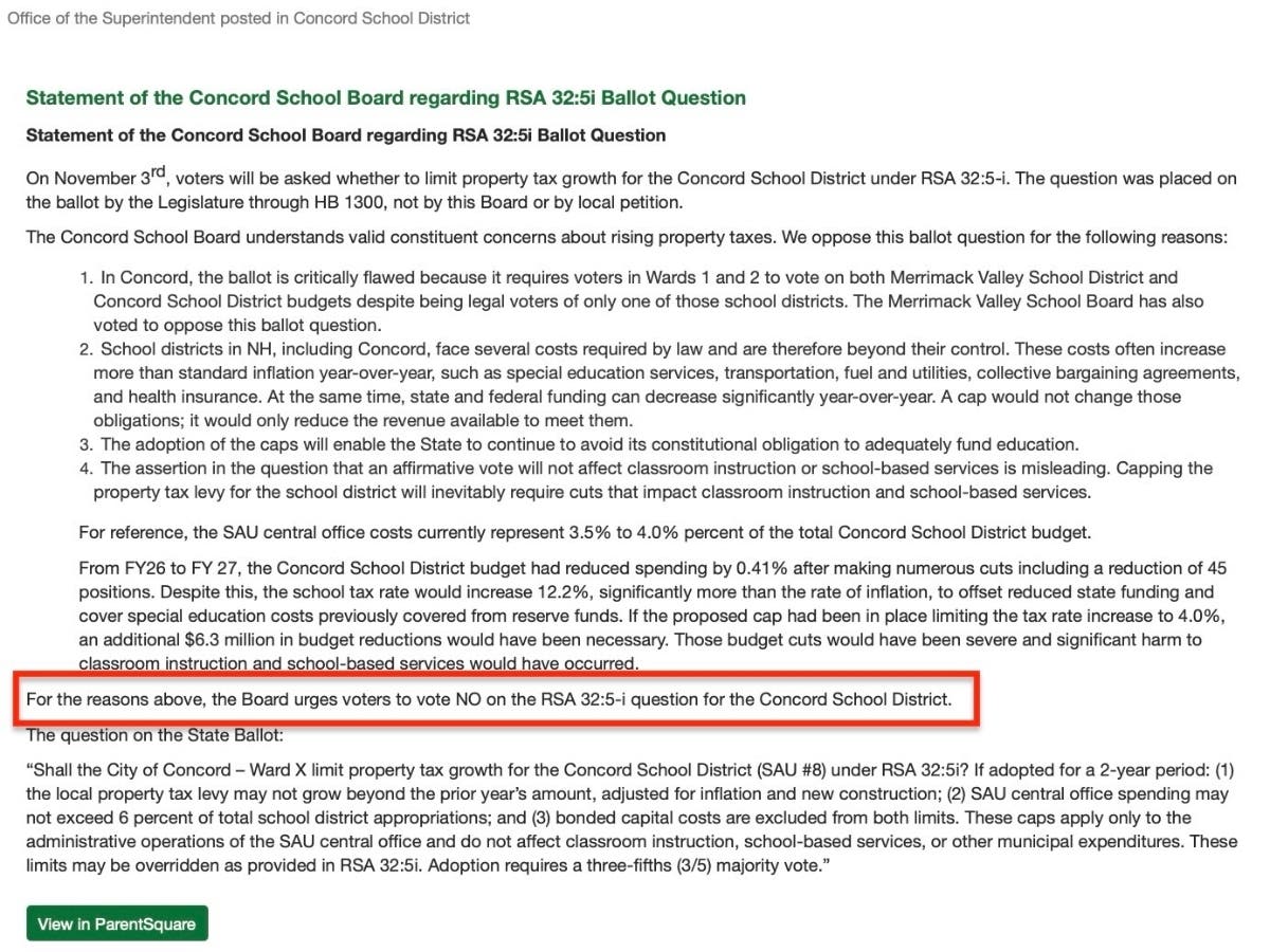 Concord School Board Electioneering Against Tax Cap Ballot Question Being Reviewed By Election Law Unit