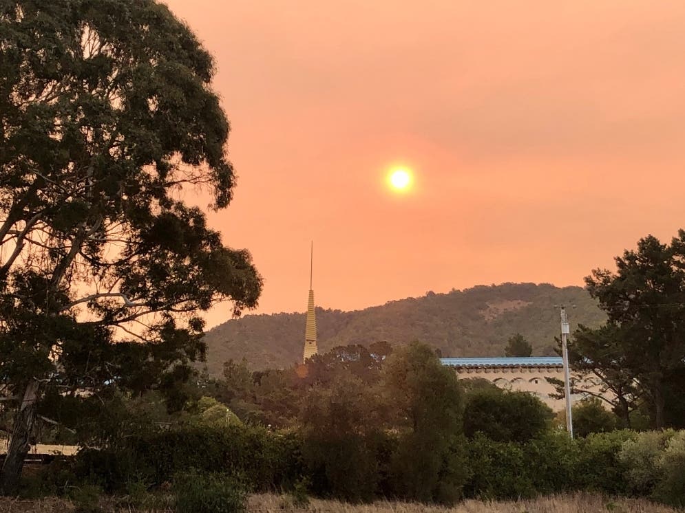 Smoky skies loom over the Marin County Civic Center in San Rafael.