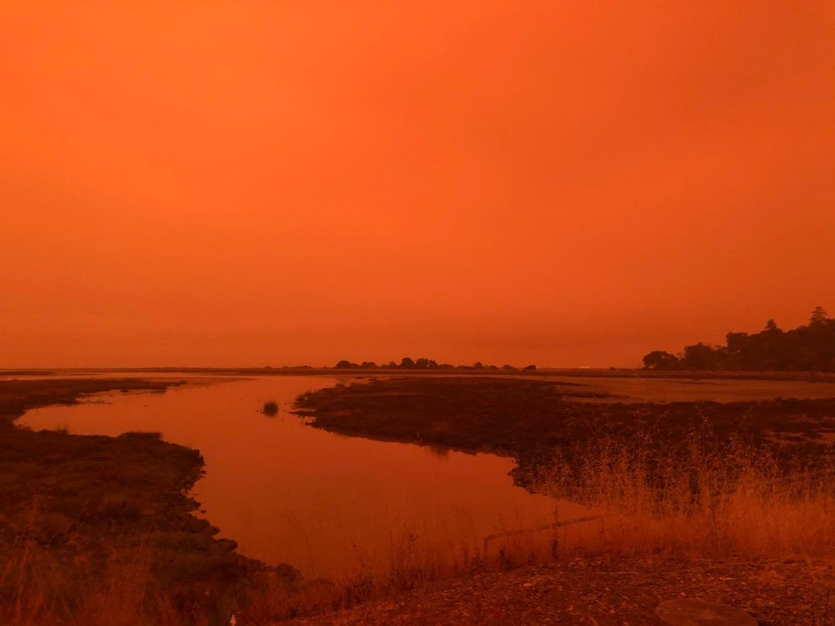 Orange skies over the Hamilton neighborhood of Novato, California.