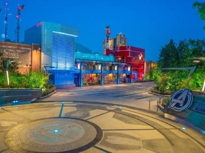 An Ancient Sanctum in Avengers Campus at Disney California Adventure Park glows vividly with majestic colors and lights pulsating with mystic energy at night. While exploring Avengers Campus, guests will encounter several Super Heroes across the campus.